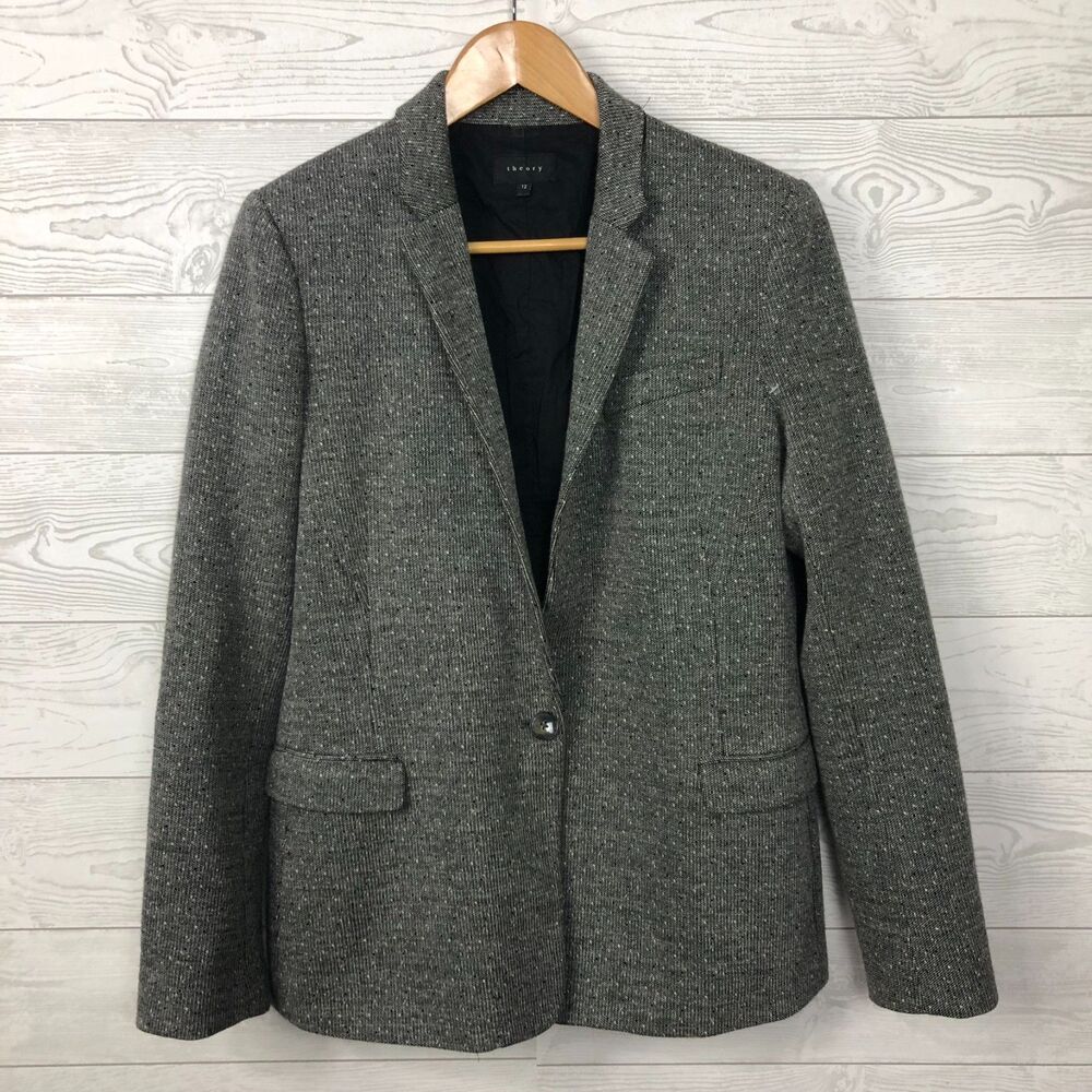 Theory Women's Size 12 Button Front Blazer Jacket Long Sleeve Gray Cotton Blend